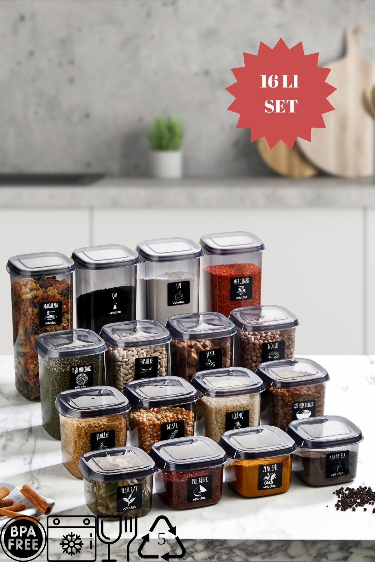 16'lı Set Kapaklı Kare Erzak Saklama Kabı Antrasit 4x(0,57 LT-0,87 LT -1,17-1.77 LT) Etiket Hediyeli