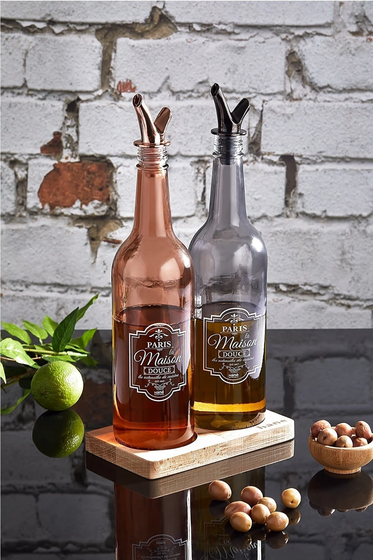 Ahşap Standlı 2`li Rose Gold Ve Füme 750cc Damlatmaz Akıllı Cam Yağlık Sirkelik Sosluk Seti