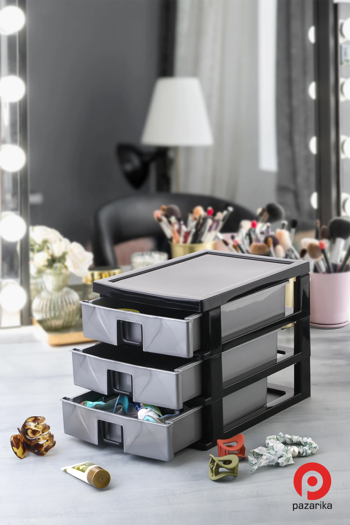 3'lü Takı, Makyaj Ve Kozmetik Düzenleyici Çekmece, Ofis Masa Düzenleyici, Gri