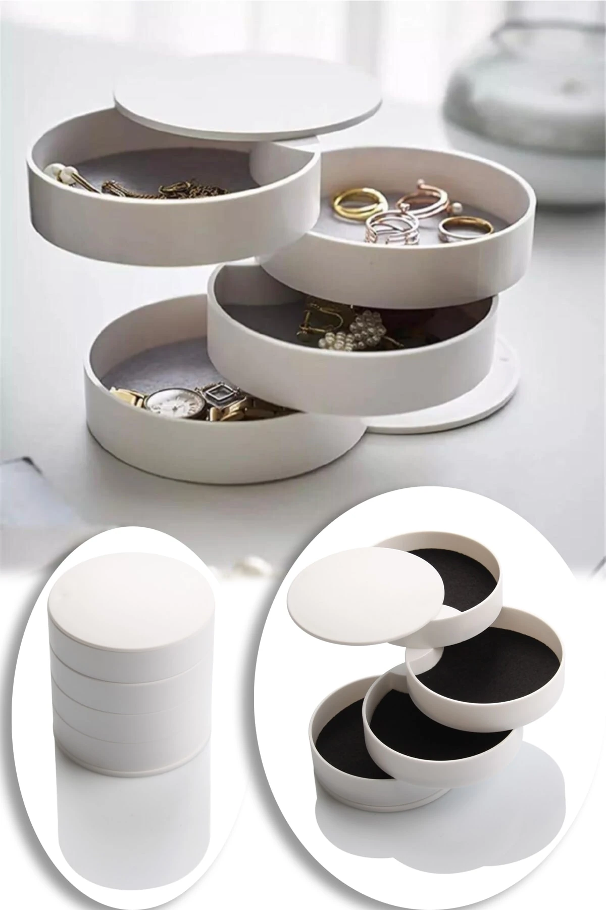 4 Katlı Silindir Takı Organizeri - 360 Derece Dönebilen Takı Yüzük Kolye Düzenleyici