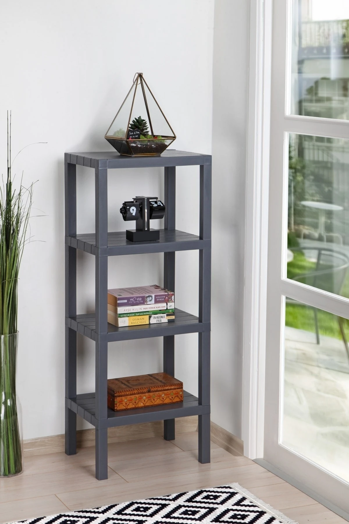 4 Katlı Düzenleyici Plastik Raf Ünitesi Gri , Kitaplık, Banyo, Mutfak Rafı. Ayakkabılık