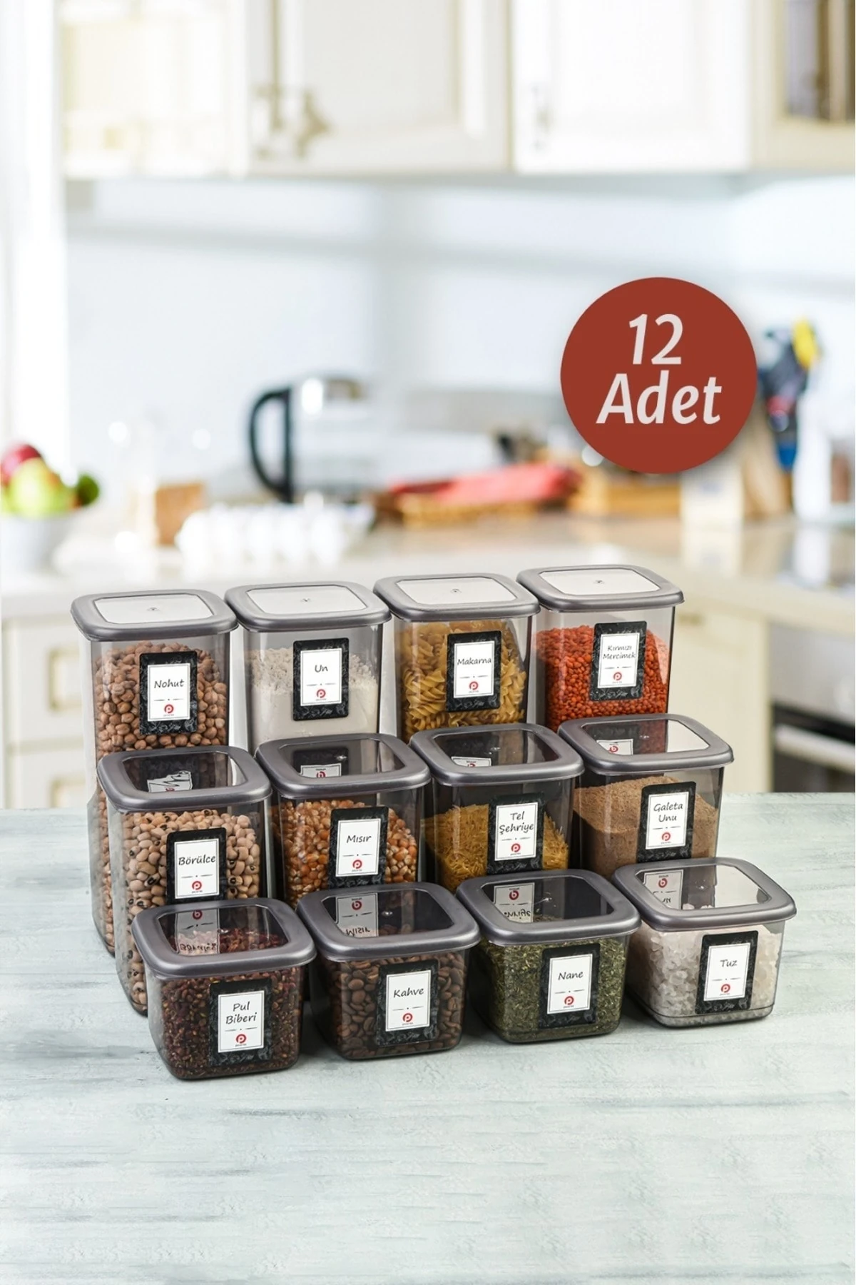 12'li Set Etiketli, Kırılmaz Kare Erzak Saklama Kabı Antrasit 4X 1,75 Lt/1,2 Lt/0,55 Lt