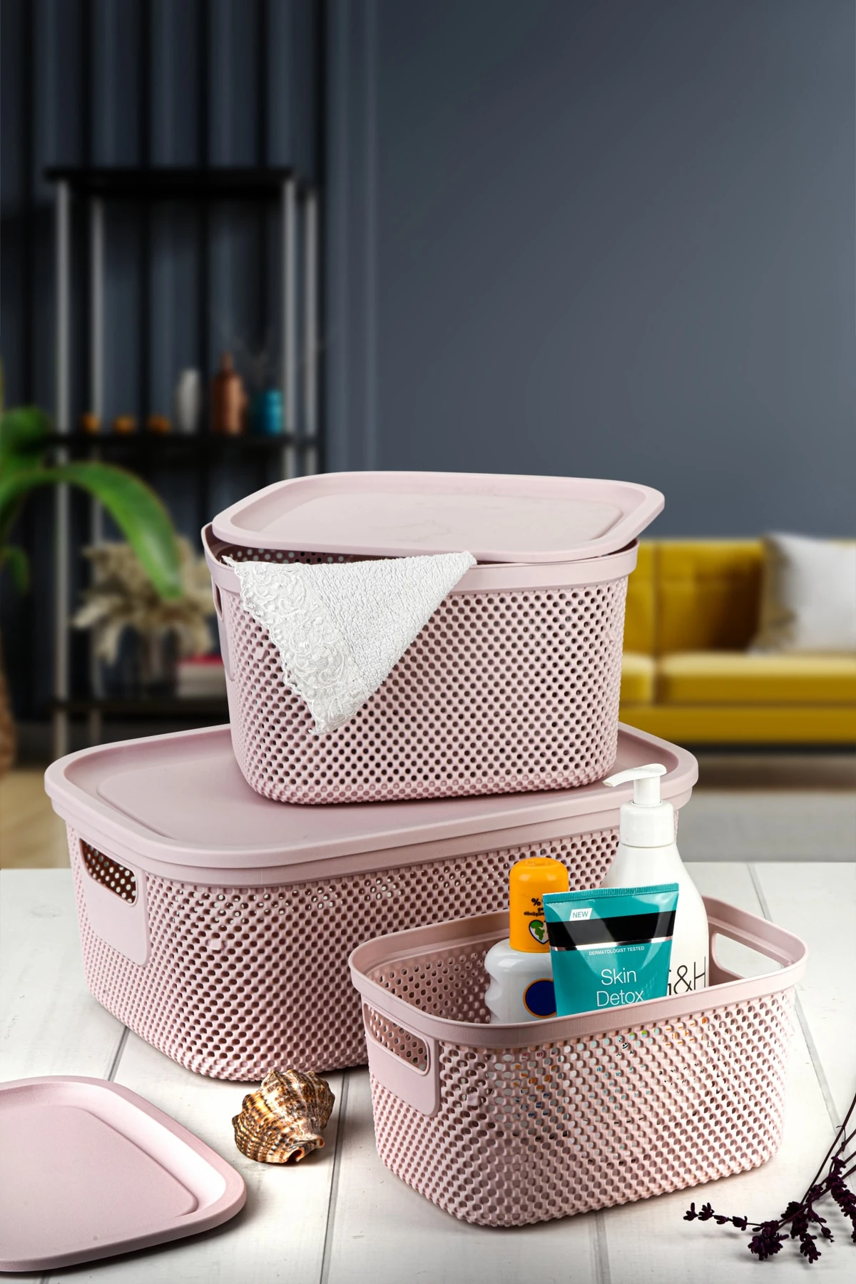 3 Boy Çok Amaçlı Kapaklı Sepet Kutu Organizer / Xl Çamaşır Sepeti - L Banyo Sepeti - M Organizer