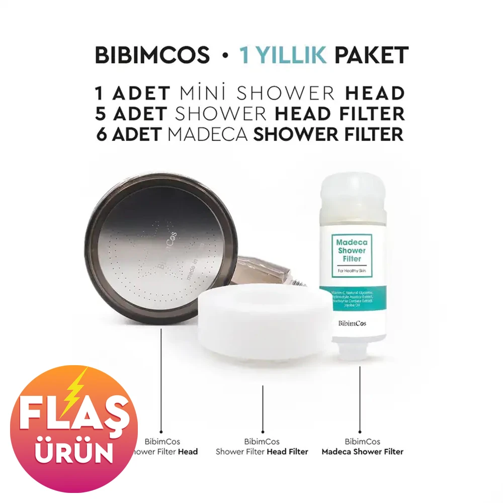 Bibimcos Mini Duş Başlığı + 5 Yedek Filtre + 6 Madeca Duş Filtresi (1 Yıllık Set)