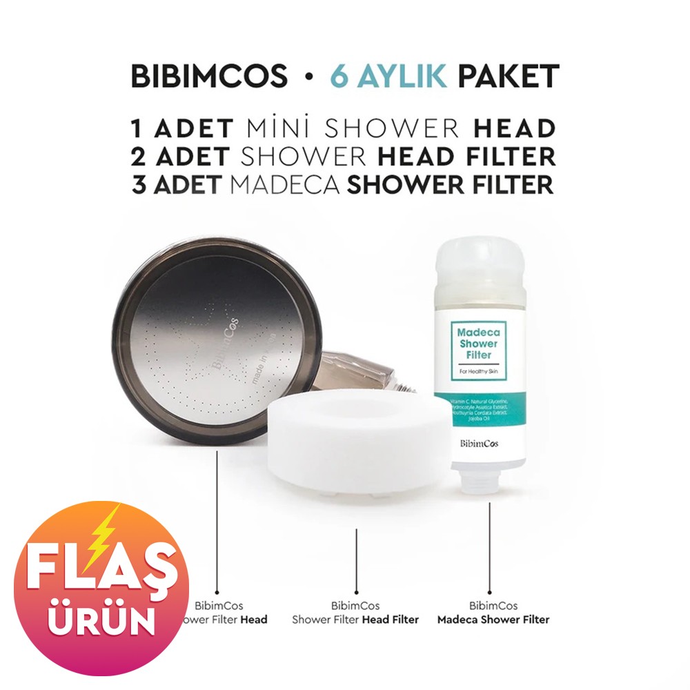 Bibimcos Mini Duş Başlığı + 2 Yedek Filtre + 3 Madeca Duş Filtresi (6 Aylık Set)