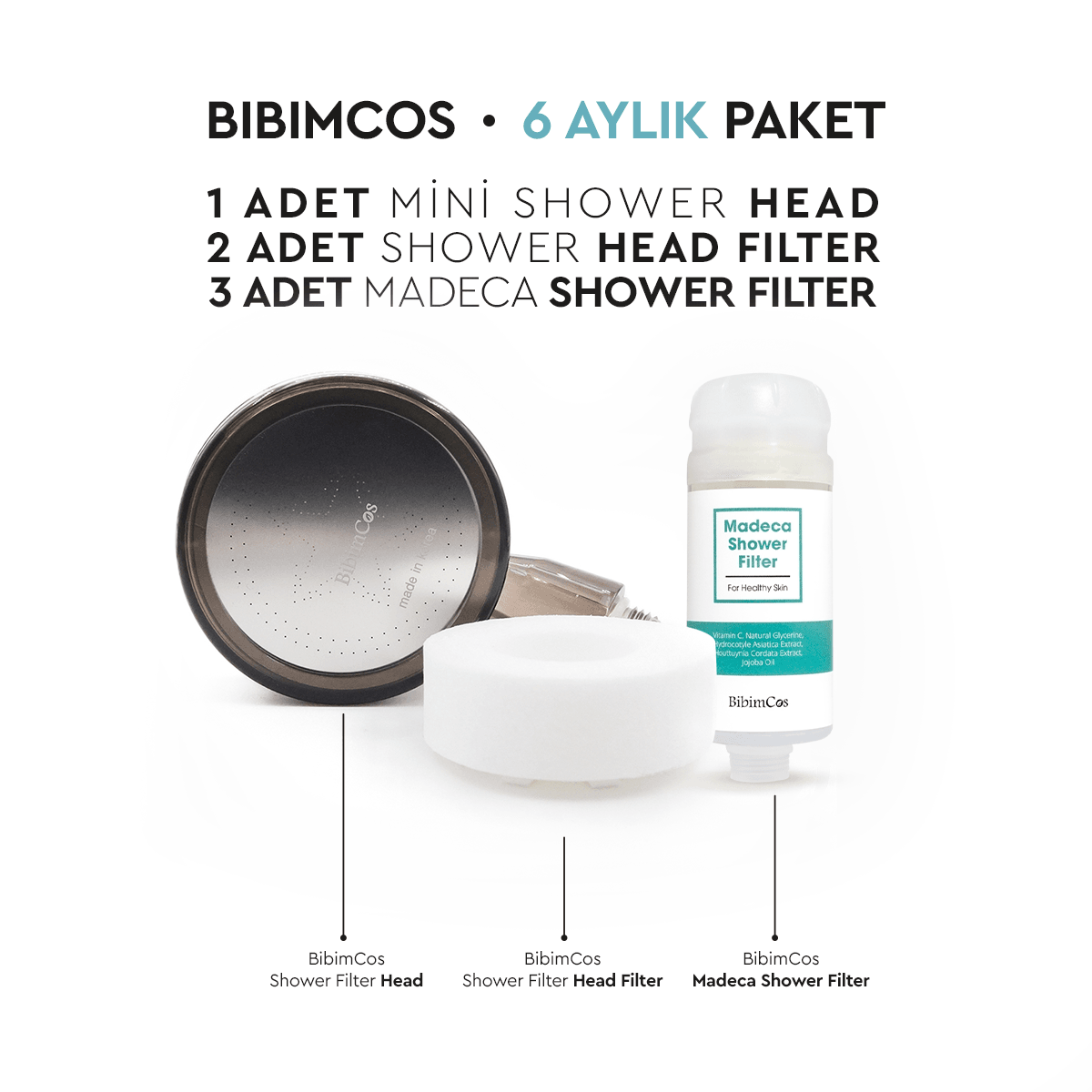 Bibimcos Mini Duş Başlığı + 2 Yedek Filtre + 3 Madeca Duş Filtresi (6 Aylık Set)
