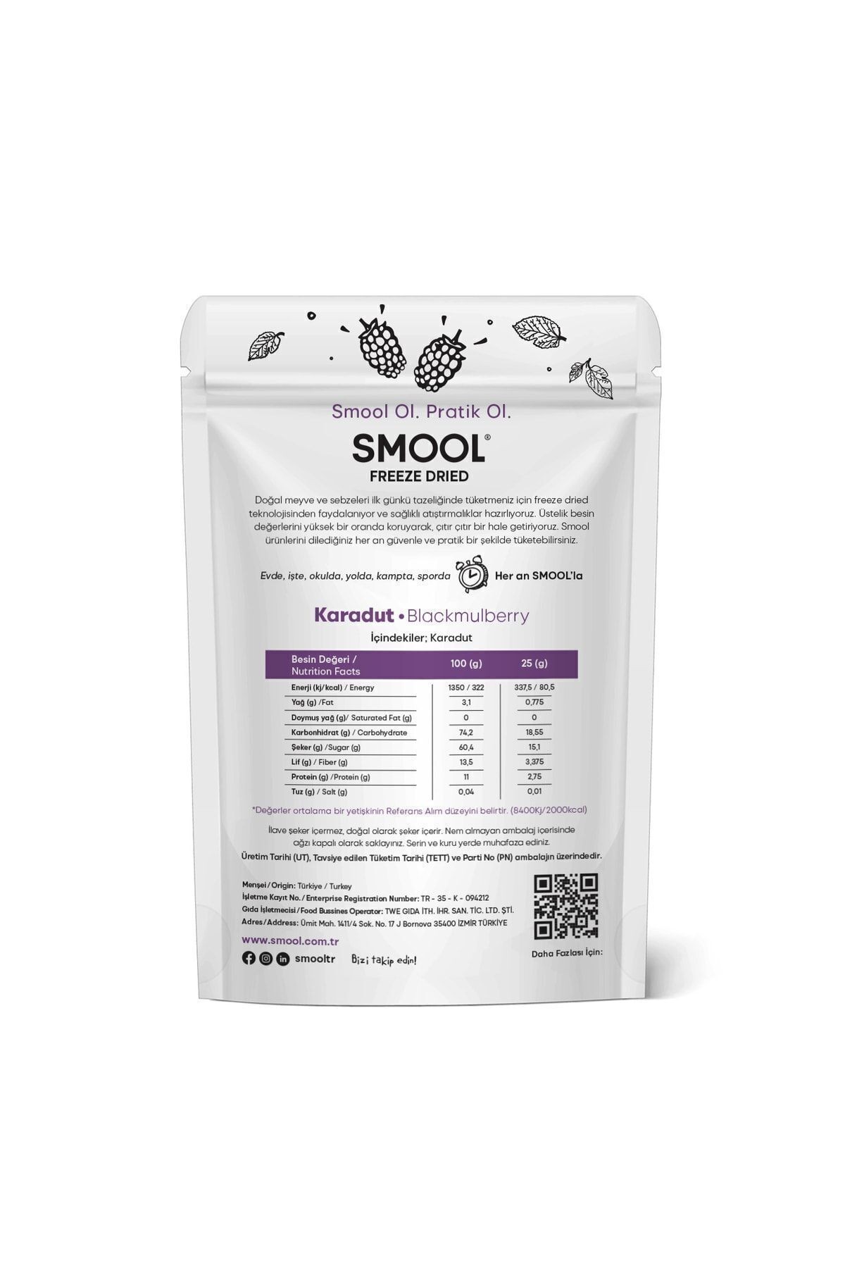 Smool Freeze Dried Karadut (DONDURULARAK KURUTULMUŞ) 25 gr Sağlıklı Atıştırmalık Freeze Dry Blackmulberry