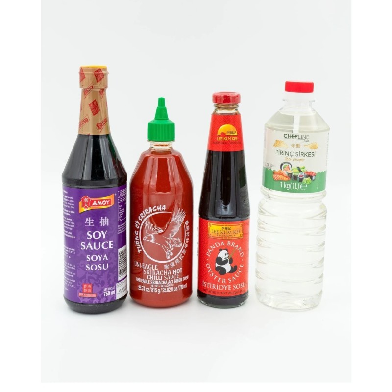 İthal Bakkal Büyük Boy Uzakdoğu Sos Seti, Amoy Soya Sosu, Thaiworld-Uni-Eagle Sriracha Acı Sos, Lee Kum Kee Istiridye Sosu (oyster), Chefline Asia Pirinç Sirkesi