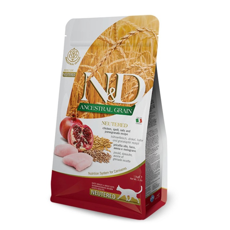 N&D Kısırlaştırılmış Kedi Maması 1,5kg Az Tahıllı Tavuk Kılçıksız Buğday Yulaflar Nar Ancestral Grain