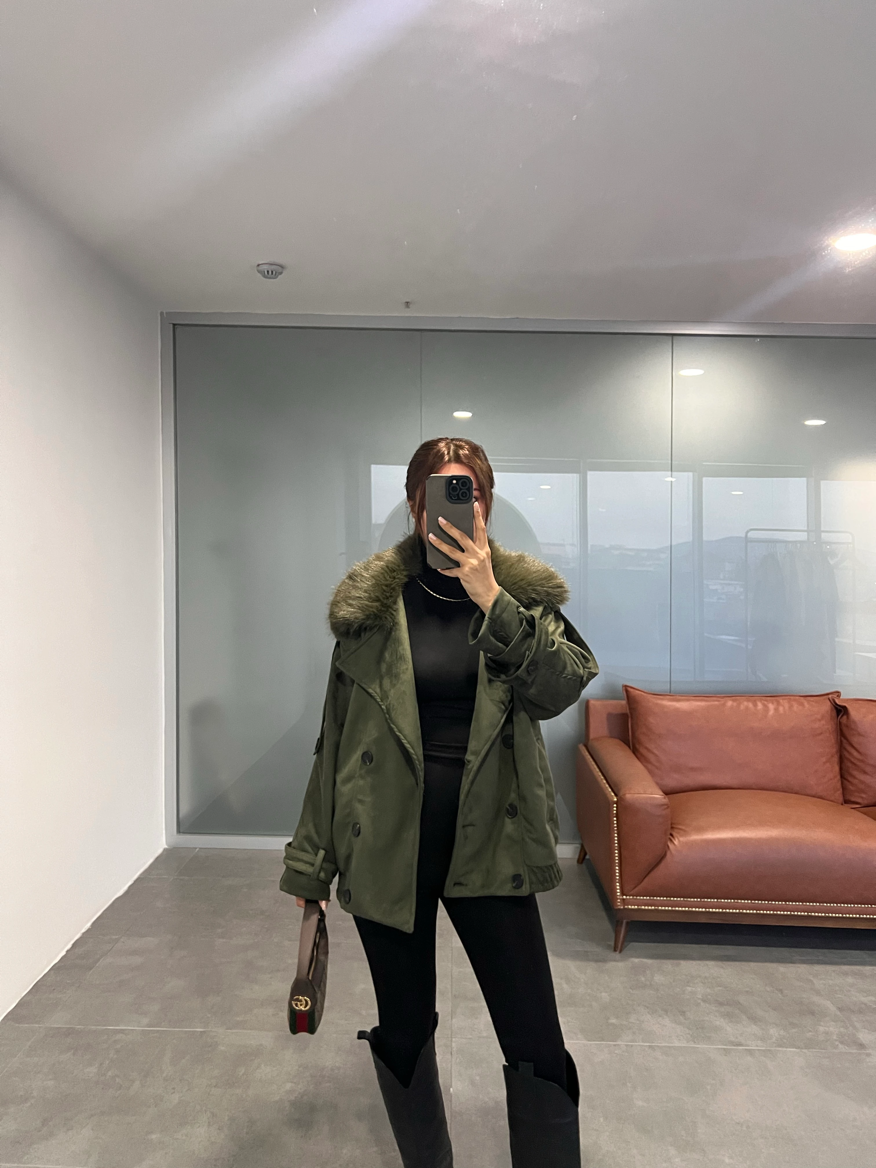 KÜRK YAKA SÜET CEKET - HAKİ