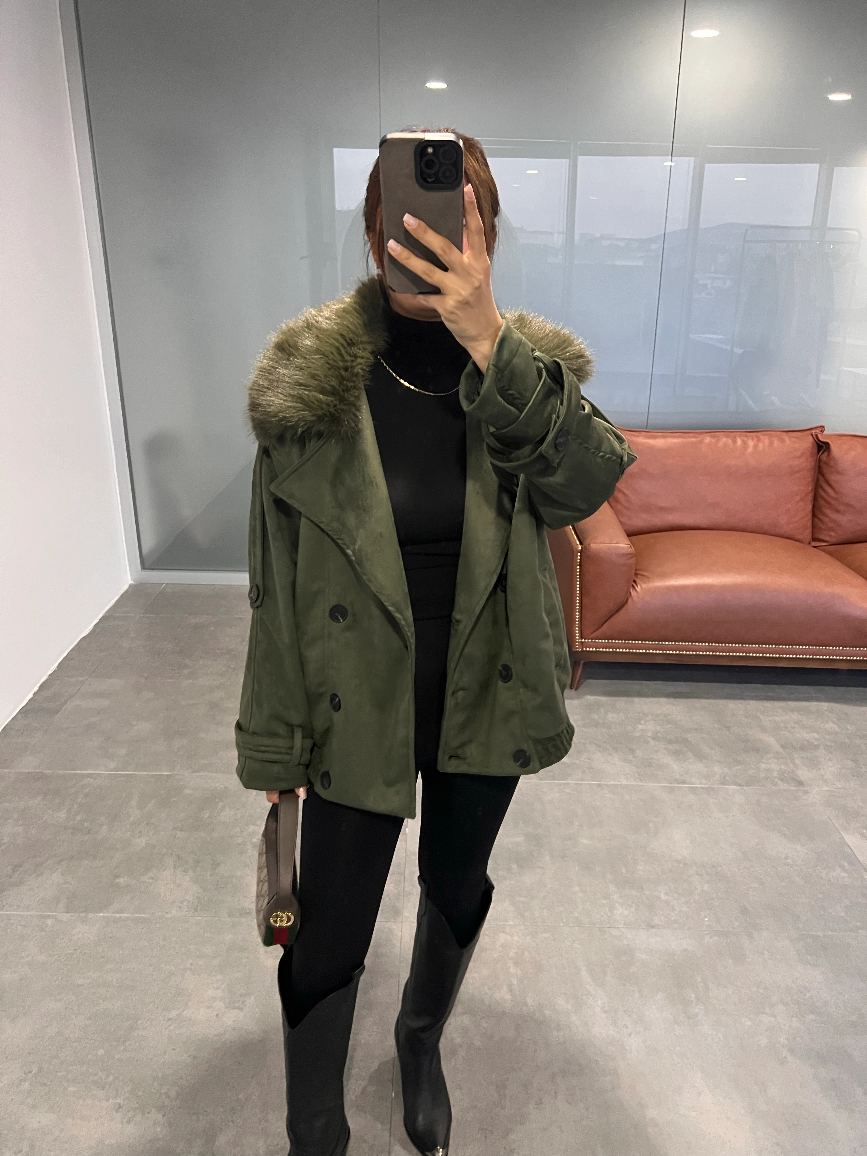 KÜRK YAKA SÜET CEKET - HAKİ