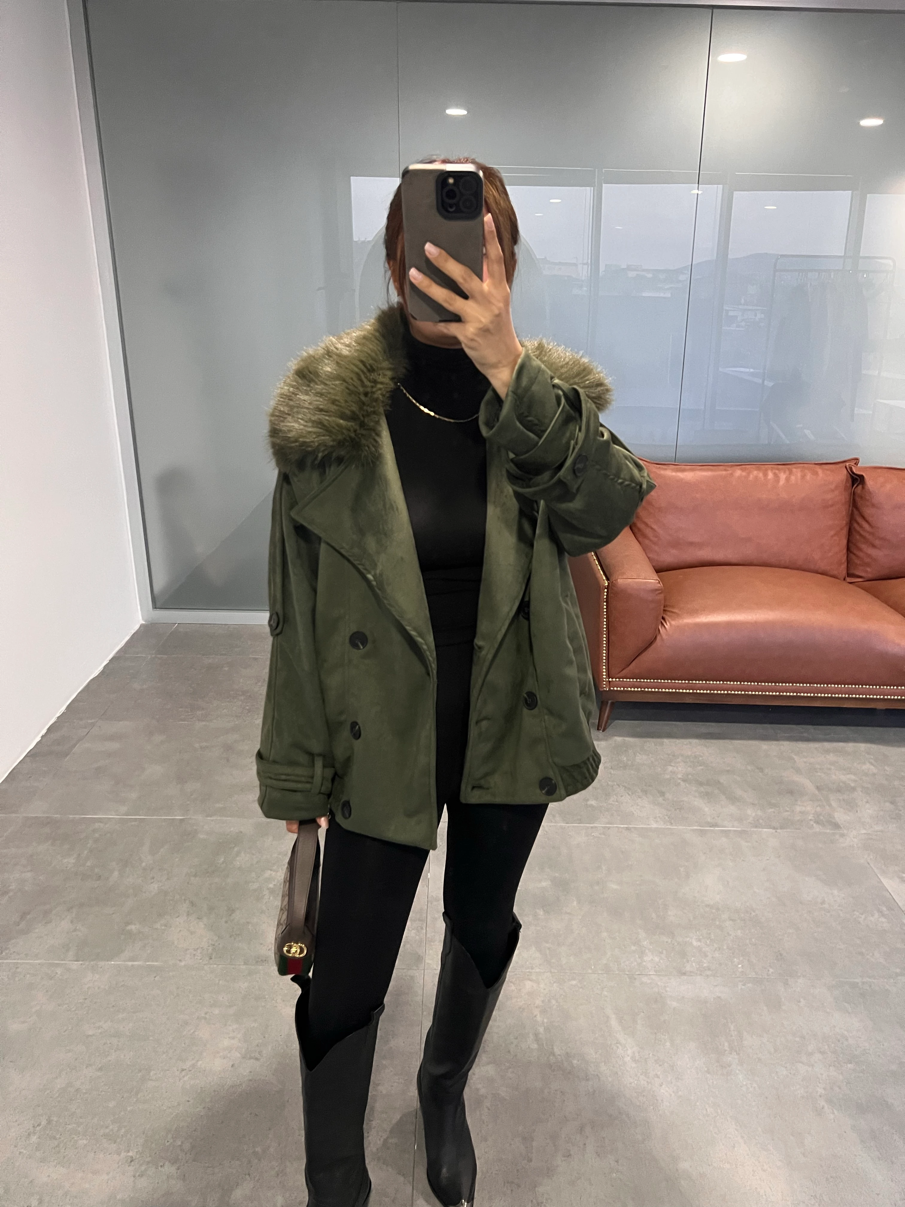 KÜRK YAKA SÜET CEKET - HAKİ