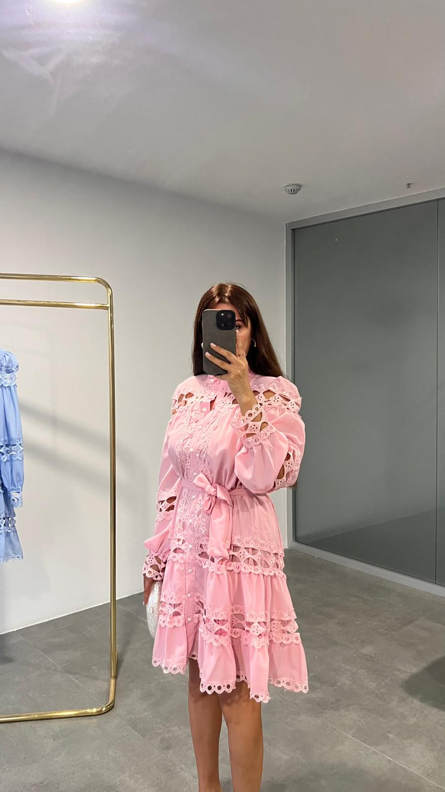 TASARIM GÜPÜRLÜ ELBİSE - PEMBE