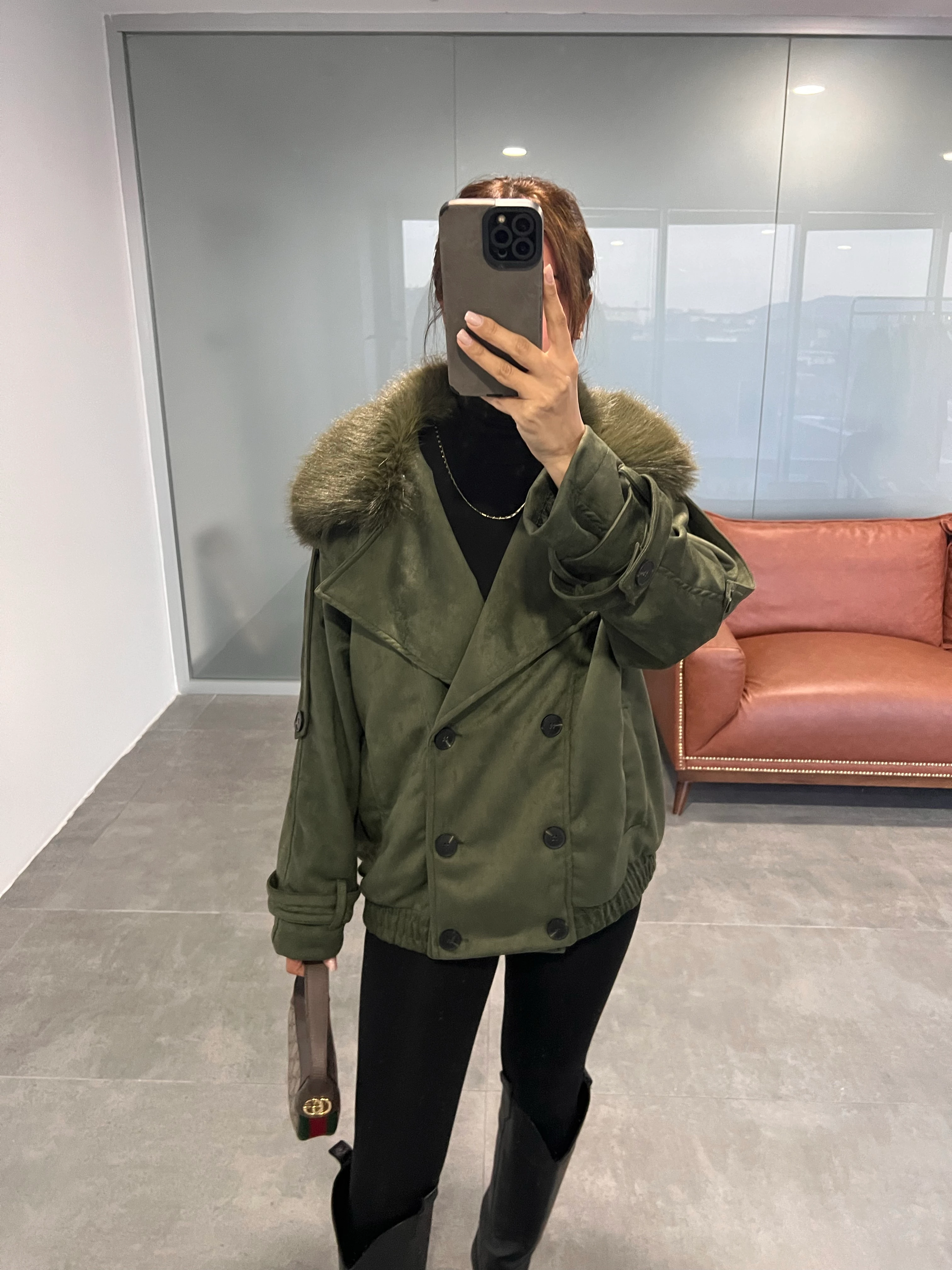 KÜRK YAKA SÜET CEKET - HAKİ