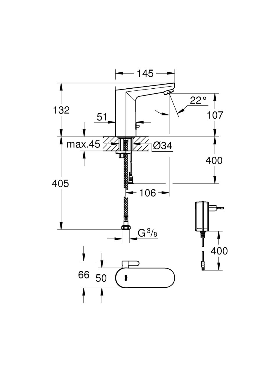Grohe Eurosmart Cosmopolitan E Fotoselli Lavabo Bataryası, 1/2", Çift Su Girişli ayarlanabilir Sıcaklık Sınırlayıcısı - 36325002