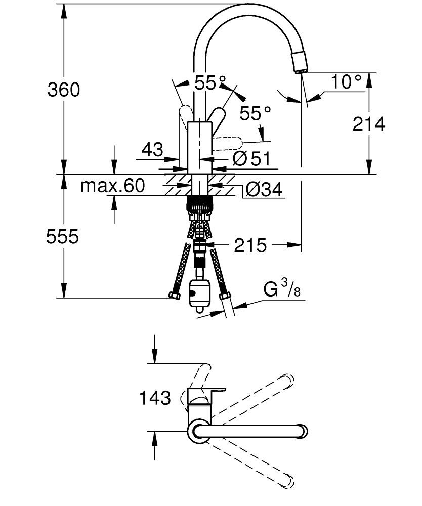Grohe Eviye Bataryası Spiralli Tek Akış Eurostyle Krom - 31126004