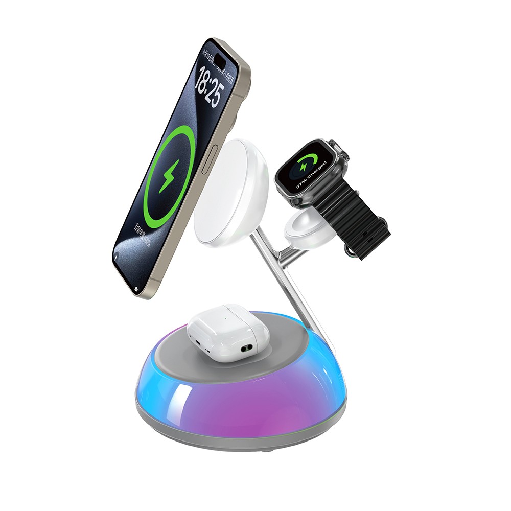 Wiwu Wi-W036 Qi2 3 in 1 Magnetik Hızlı Şarj Özellikli Ambiyans Işıklı Kablosuz Şarj Standı 15W