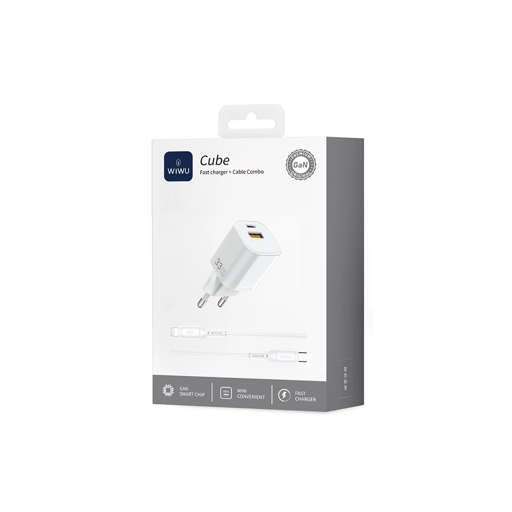 Wiwu Wi-G018 Cube Serisi Type-C to Lightning GaN Tech PD Hızlı Şarj Özellikli Kablolu Şarj Seti 33W