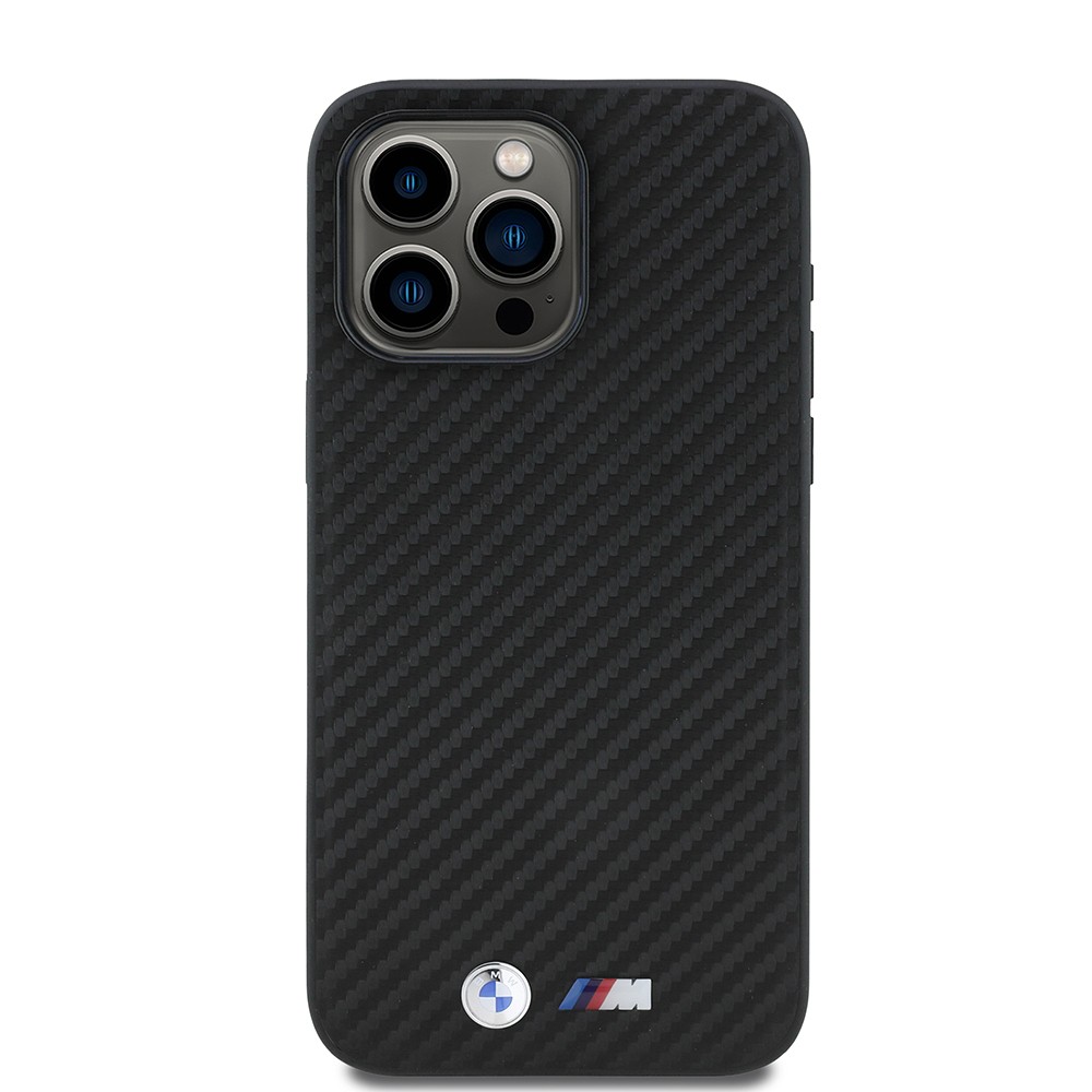 Apple iPhone 15 Pro Max Kılıf BMW Orjinal Lisanslı Karbon Fiber Tasarımlı ve Metal Logolu PU Deri Kapak