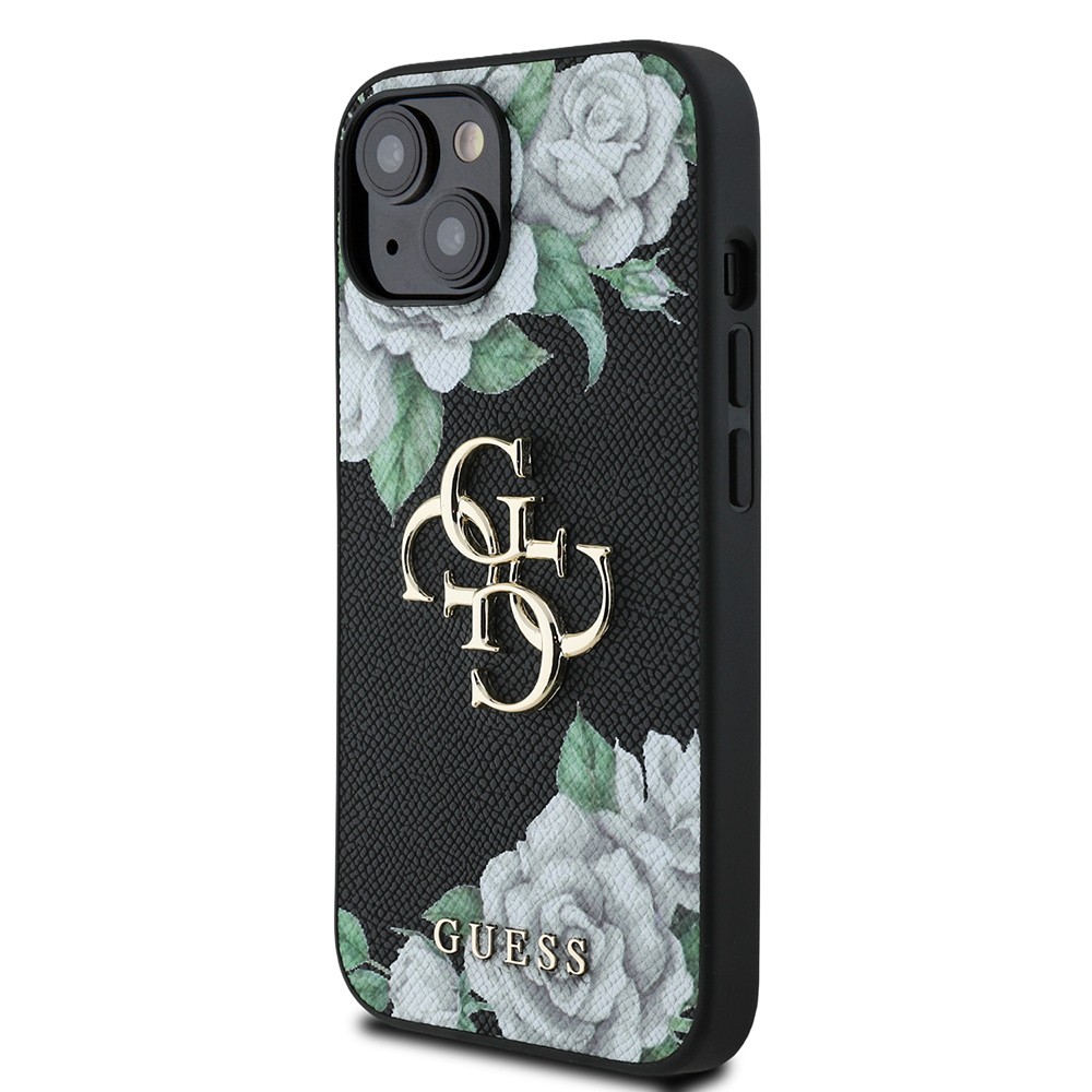 Apple iPhone 15 Kılıf Guess Orjinal Lisanslı Gül Baskılı Büyük Metal Logo Dizaynlı Kapak