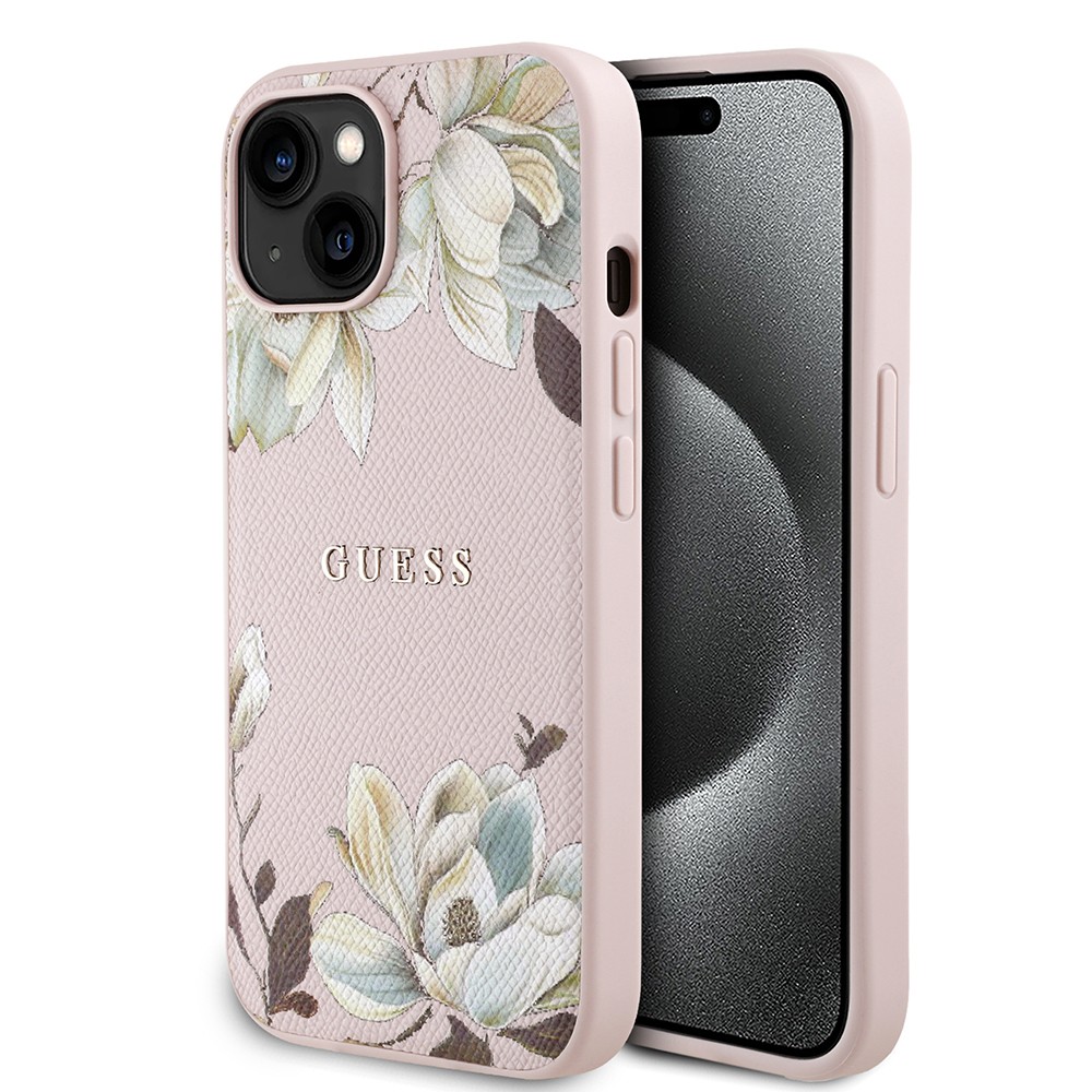 Apple iPhone 15 Kılıf Guess Orjinal Lisanslı M-safe Şarj Özellikli Taneli Çiçek Tasarımlı Metal Yazı Logolu Kapak