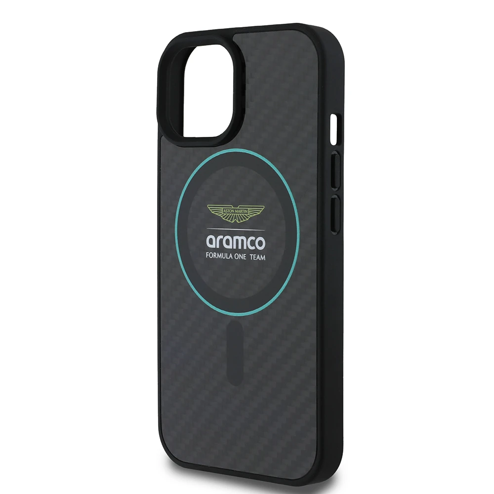 Apple iPhone 15 Kılıf Aston Martin Orjinal Lisanslı M-safe Şarj Özellikli Renkli Halka ve Karbon Fiber Tasarımlı Kapak