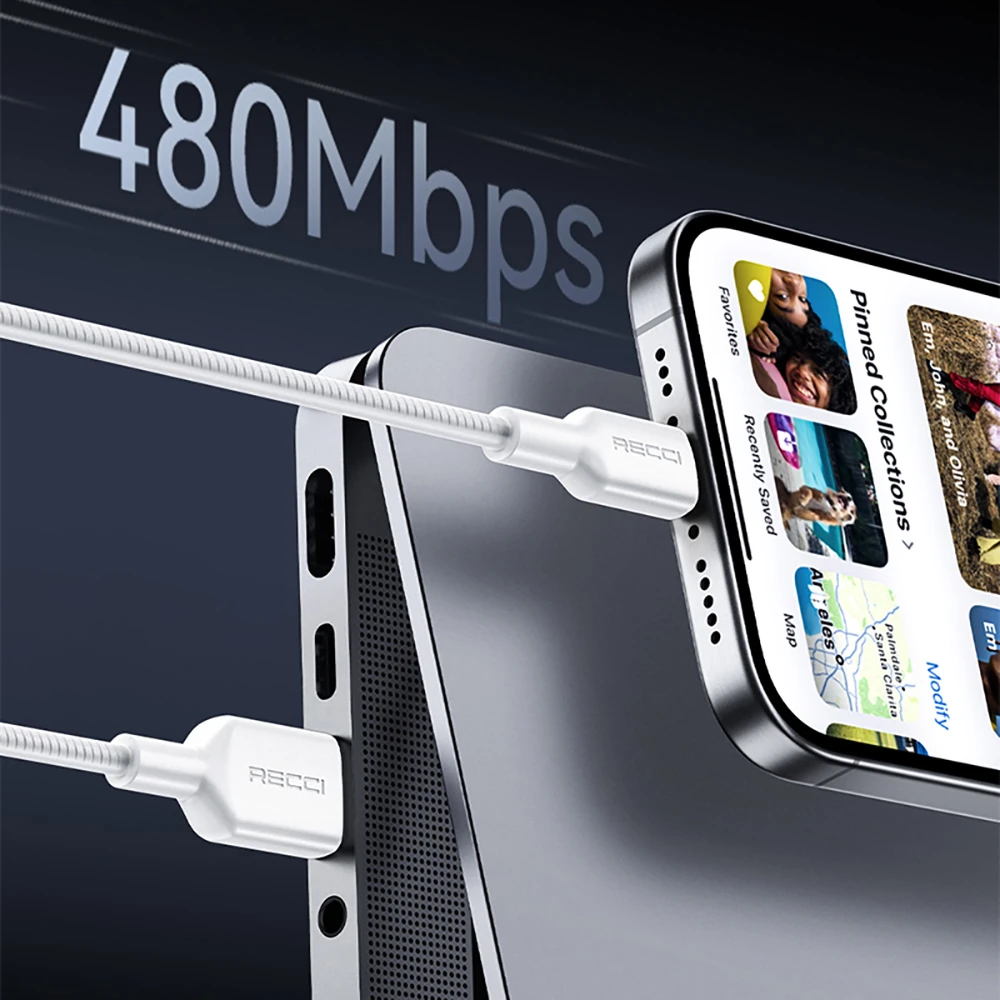 Recci RS46C USB-A to Type-C 2.4A Hızlı Şarj Özellikli Data ve Şarj Kablosu 100W 1.2M