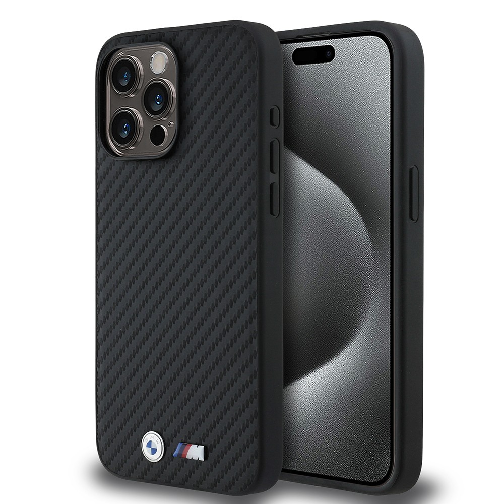 Apple iPhone 15 Pro Max Kılıf BMW Orjinal Lisanslı Karbon Fiber Tasarımlı ve Metal Logolu PU Deri Kapak