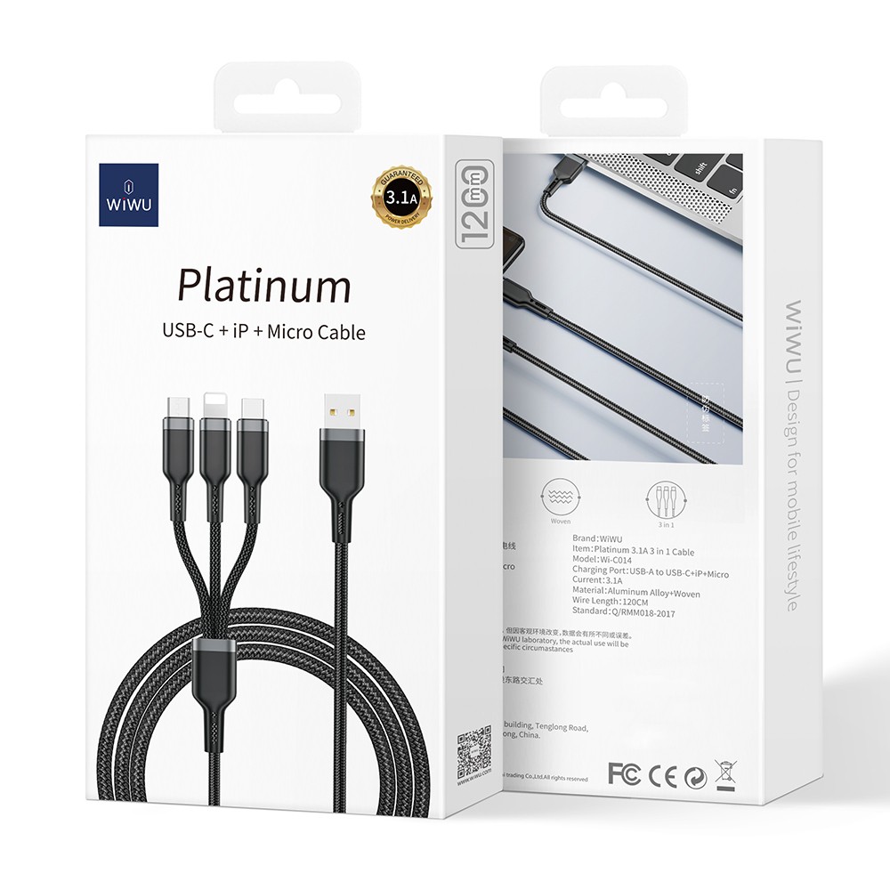 Wiwu Wi-C014 Platinum Serisi 3in1 USB-A to Lightning – Type-C – Micro Şarj ve Data Kablosu 3.1A 1.2m