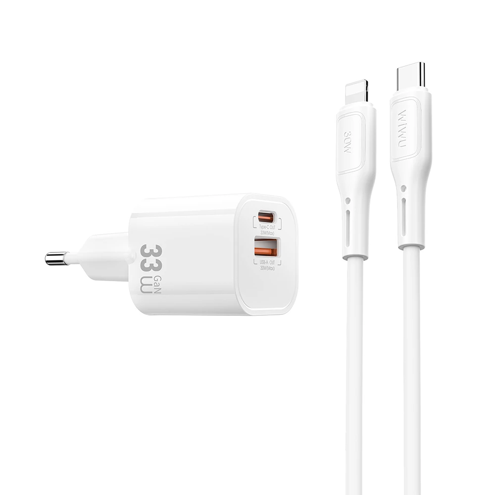 Wiwu Wi-G018 Cube Serisi Type-C to Lightning GaN Tech PD Hızlı Şarj Özellikli Kablolu Şarj Seti 33W