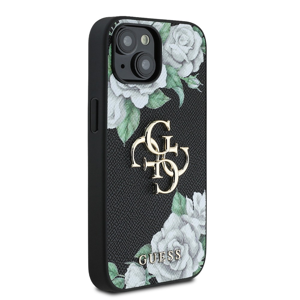 Apple iPhone 15 Kılıf Guess Orjinal Lisanslı Gül Baskılı Büyük Metal Logo Dizaynlı Kapak