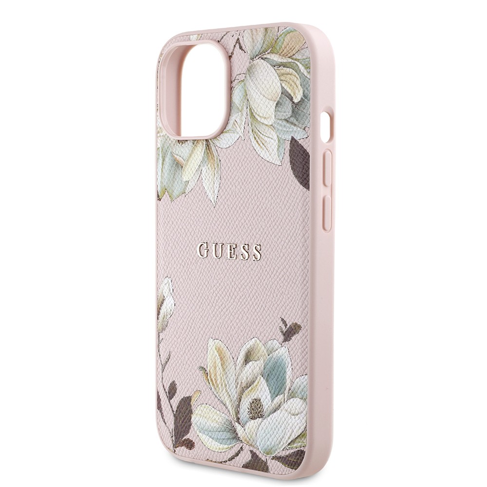 Apple iPhone 15 Kılıf Guess Orjinal Lisanslı M-safe Şarj Özellikli Taneli Çiçek Tasarımlı Metal Yazı Logolu Kapak