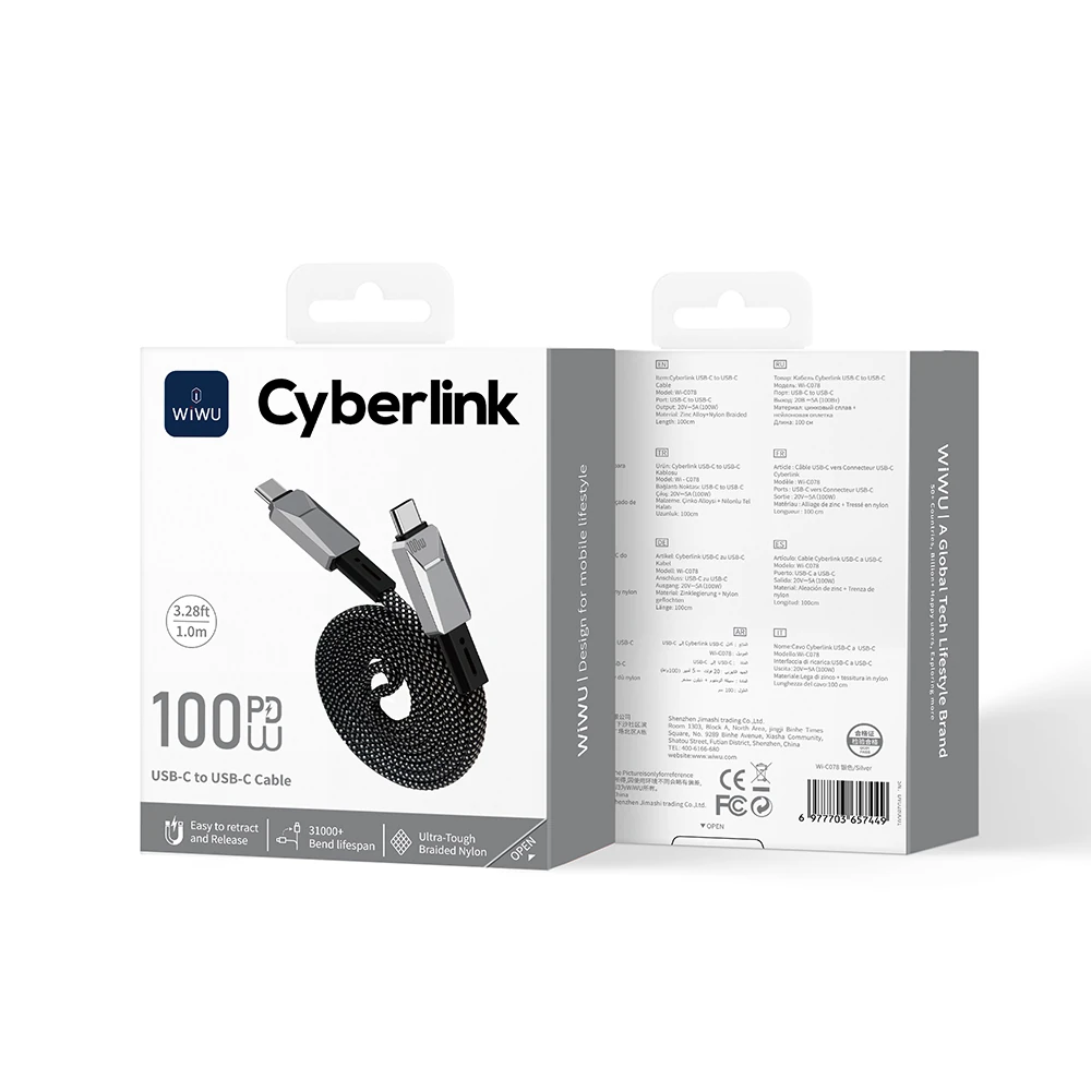 Wiwu Wi-C078 Cyberlink Serisi Type-C to Type-C PD Hızlı Şarj Özellikli Data ve Şarj Kablosu 100W 1M