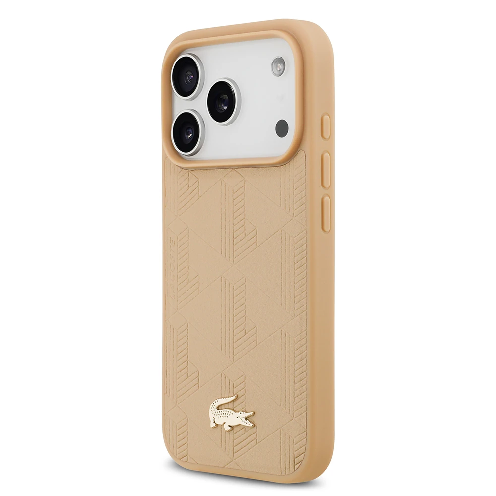 Apple iPhone 17 Pro Kılıf Lacoste Orjinal Lisanslı M-safe Şarj Özellikli PU Deri Tasarımlı Karışık Monogram Desenli Kapak