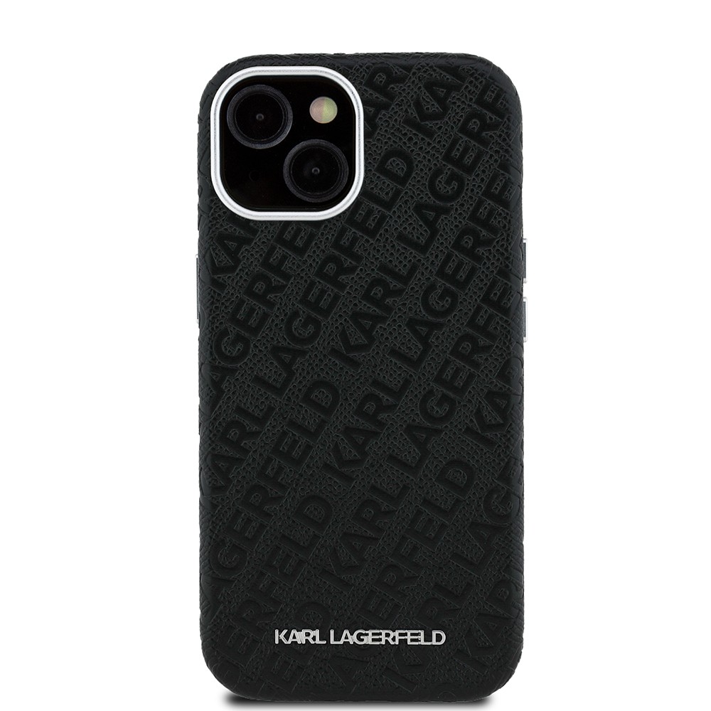 Apple iPhone 15 Kılıf Karl Lagerfeld Orjinal Lisanslı PU Deri Damgalı Metal Yazı Logolu Kapak