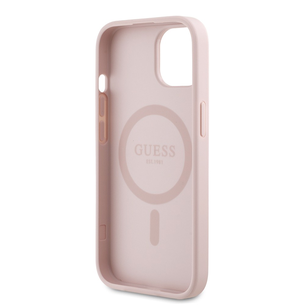 Apple iPhone 15 Kılıf Guess Orjinal Lisanslı M-safe Şarj Özellikli Taneli Çiçek Tasarımlı Metal Yazı Logolu Kapak
