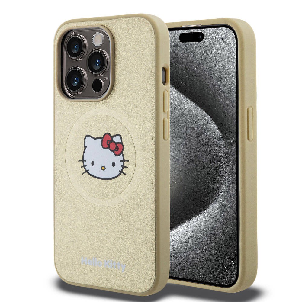 iPhone 15 Pro Kılıf Hello Kitty Orjinal Lisanslı Magsafe Şarj Özellikli Kitty Head Deri Kılıf