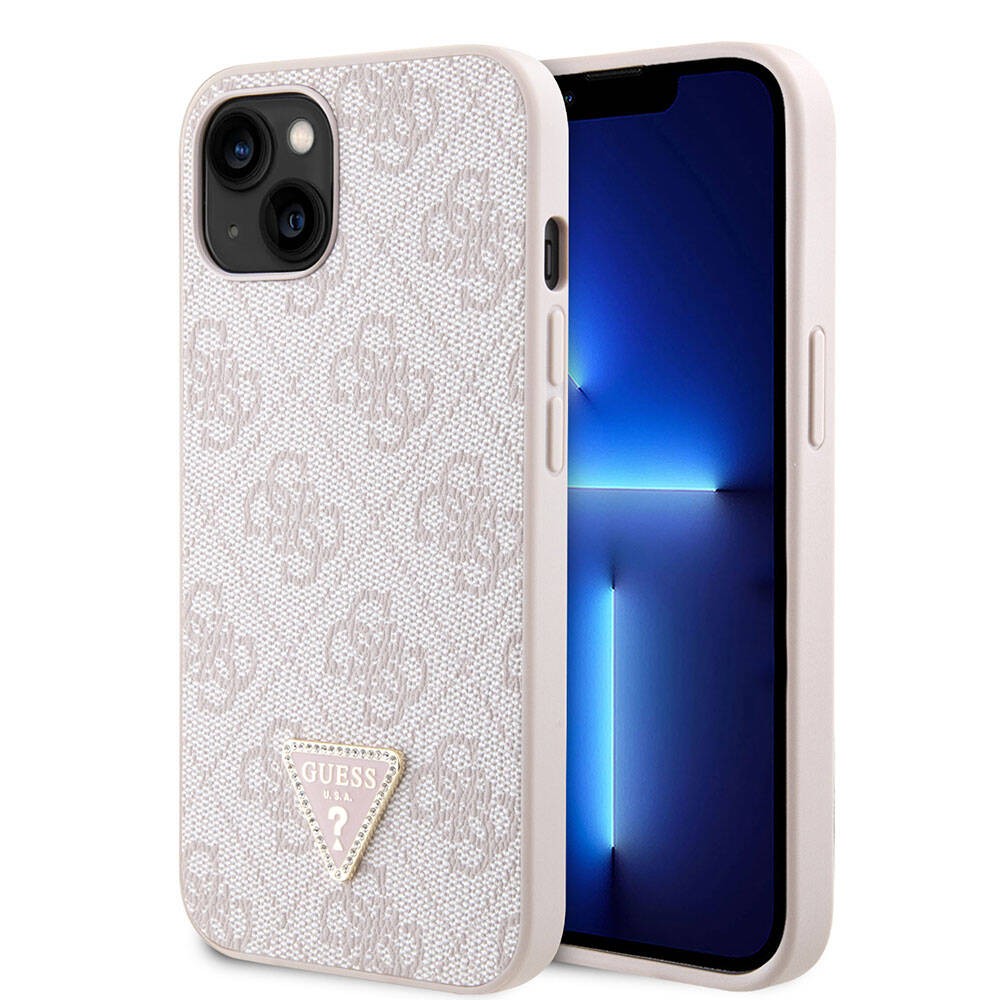 iPhone 14 Kılıf Guess Orjinal Lisanslı PU Deri Taşlı Üçgen Logo 4G Desenli Kılıf