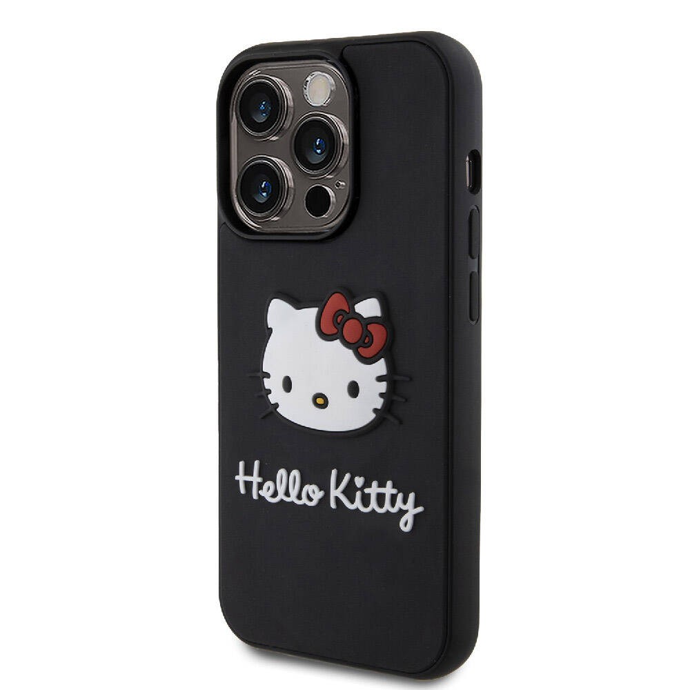 iPhone 15 Pro Kılıf Hello Kitty Orjinal Lisanslı Yazı ve İkonik Logolu 3D Rubber Kitty Head Kılıf