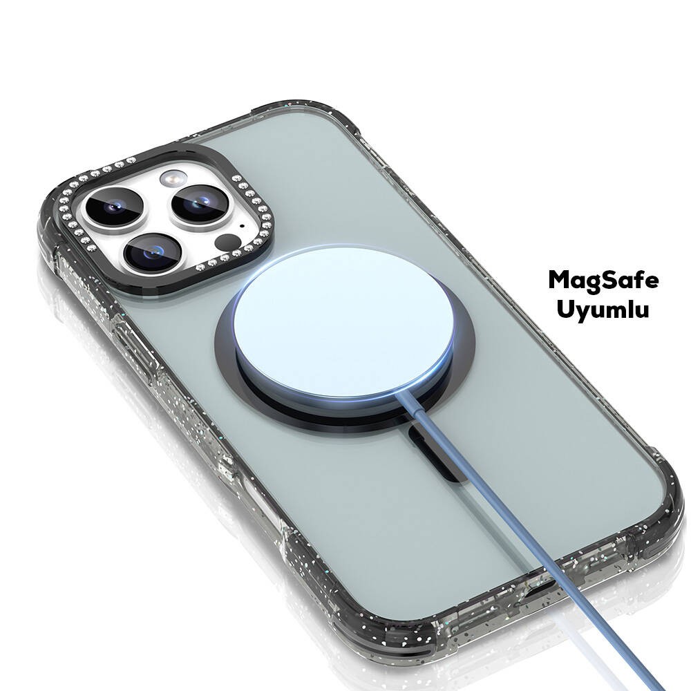 iPhone 16 Pro Kılıf Magsafe Şarj Özellikli Taşlı ve Simli Tasarım Mutural Blink Kılıf