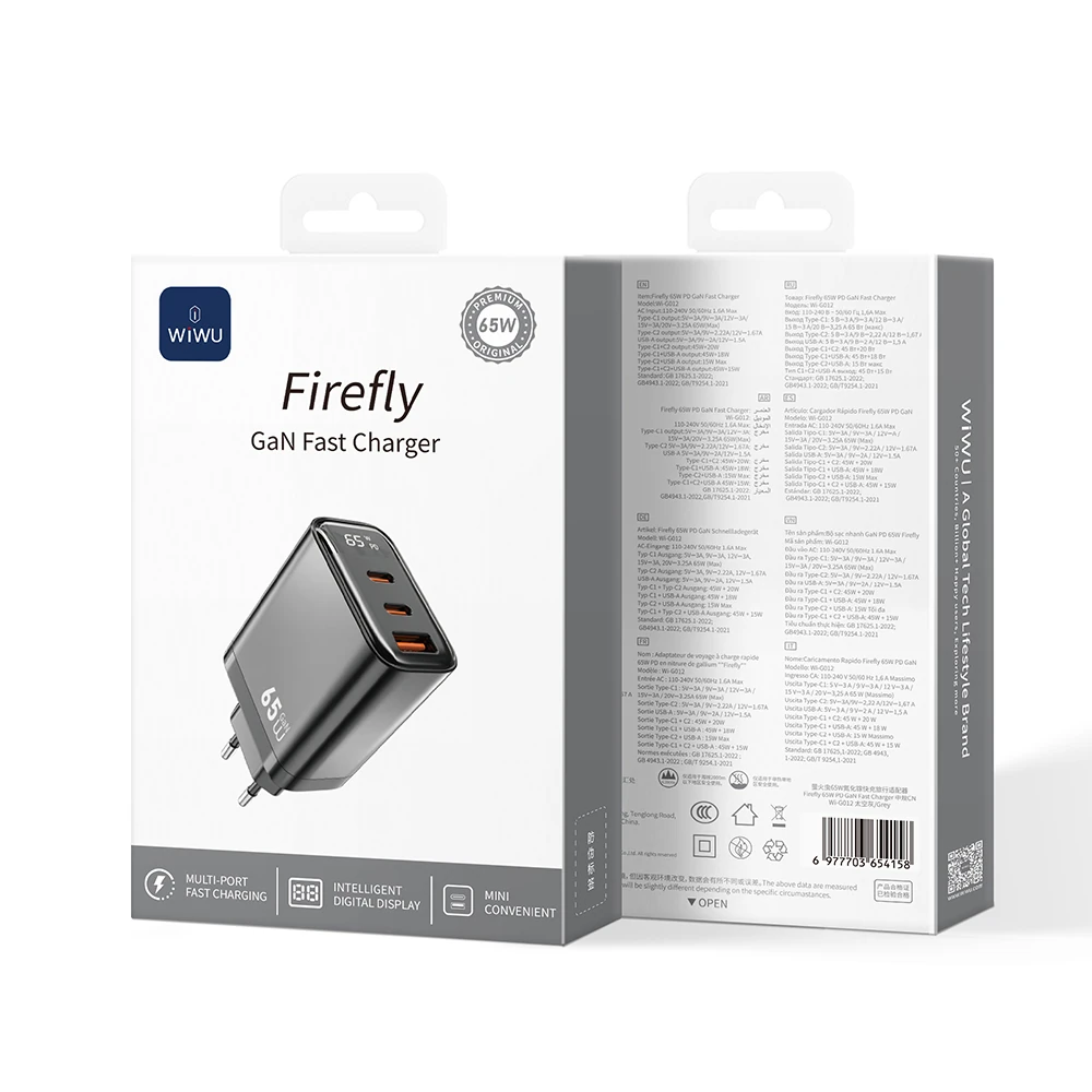 Wiwu Wi-G012 Firefly Serisi Dual Type-C PD & USB-A GaN Teknolojili Hızlı Şarj Başlığı 65W