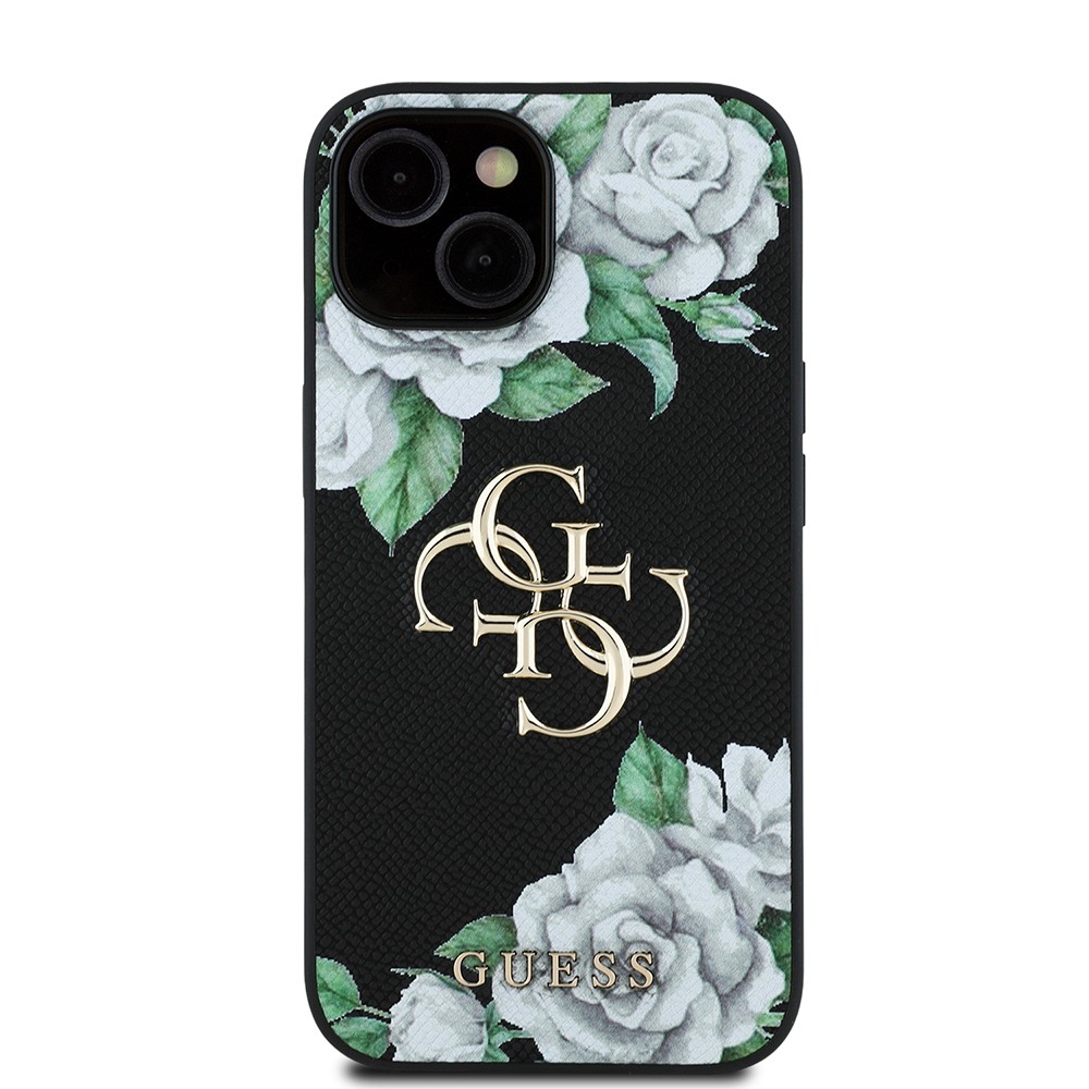 Apple iPhone 15 Kılıf Guess Orjinal Lisanslı Gül Baskılı Büyük Metal Logo Dizaynlı Kapak