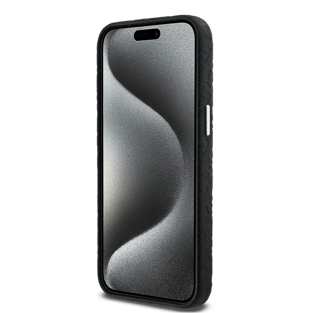Apple iPhone 15 Pro Max Kılıf Karl Lagerfeld Orjinal Lisanslı PU Deri Damgalı Metal Yazı Logolu Kapak
