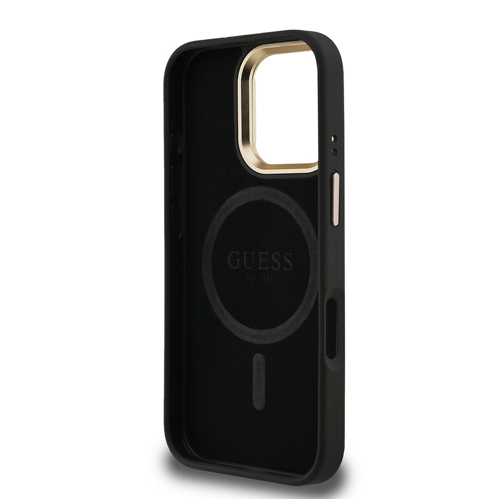 Apple iPhone 16 Pro Max Kılıf Guess Orjinal Lisanslı PU Deri Taşlı Üçgen Logo 4G Desenli Kamera Standlı Kapak