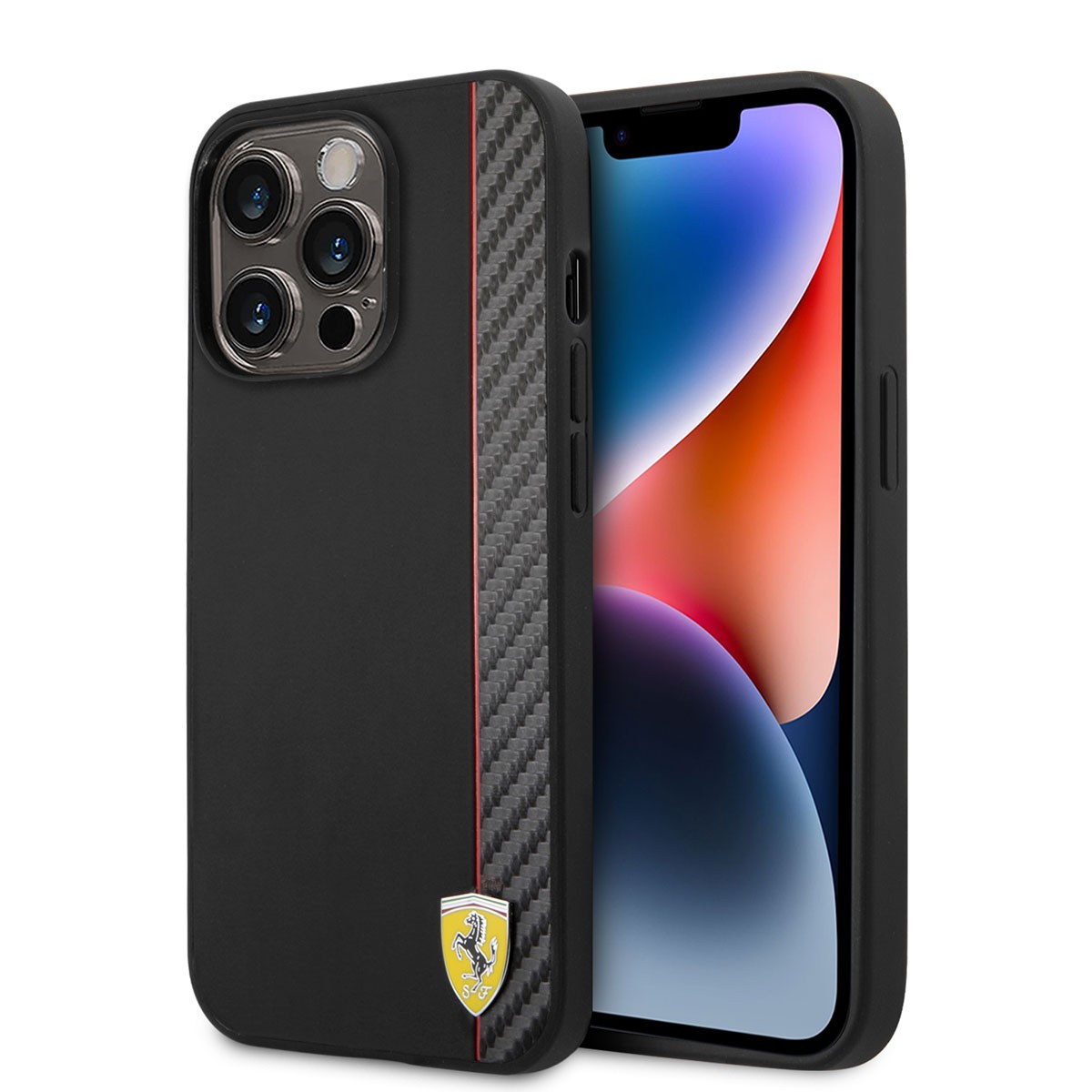 iPhone 14 Pro Max Kılıf Ferrari Magsafe Şarj Özellikli Pu Deri Ve Karbon Şeritli Dizayn Kılıf