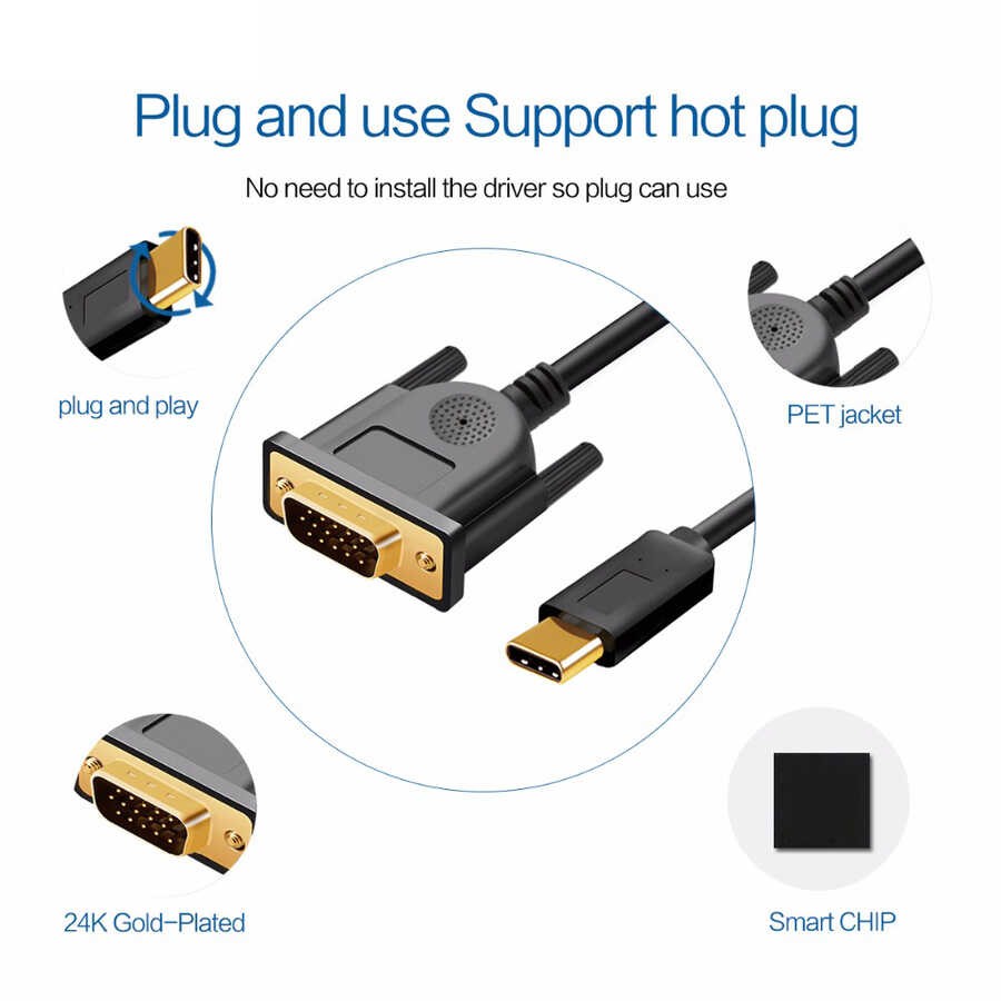 Qgeem QG-UA17 Type-C to VGA Adaptörü Yüksek Çözünürlüklü Dönüştürücü Kablo 1080p 60Hz 1.2 Metre