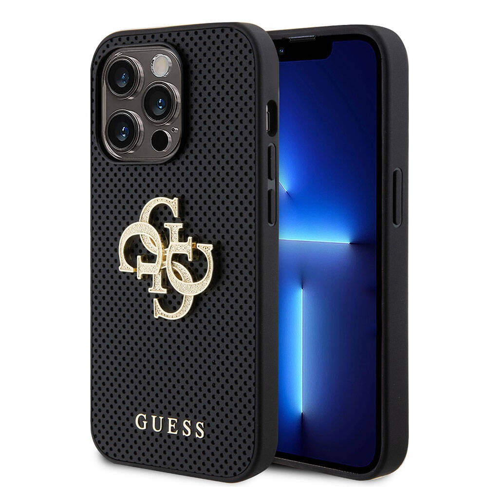 iPhone 15 Pro Kılıf Guess Orjinal Lisanslı Delikli Yazı ve 4G Glitter Büyük Metal Logolu Kılıf