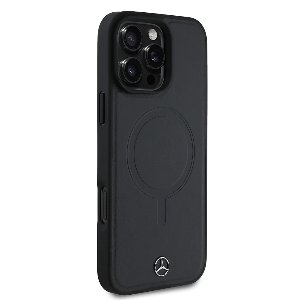 Apple iPhone 16 Pro Max Kılıf Mercedes Benz Orjinal Lisanslı M-safe Şarj Özellikli Metal Yıldız Logolu Sade Pürüzsüz Deri Kapak