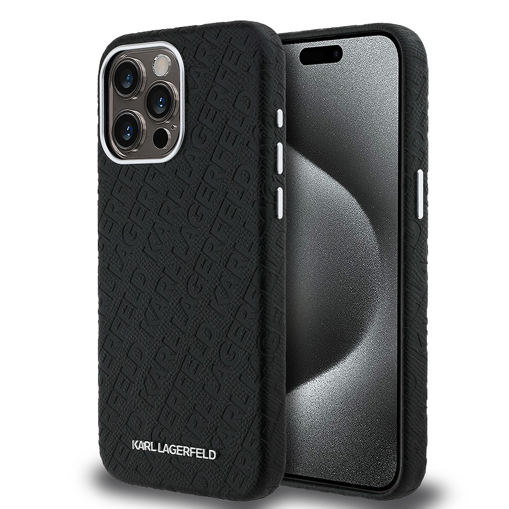 Apple iPhone 15 Pro Max Kılıf Karl Lagerfeld Orjinal Lisanslı PU Deri Damgalı Metal Yazı Logolu Kapak