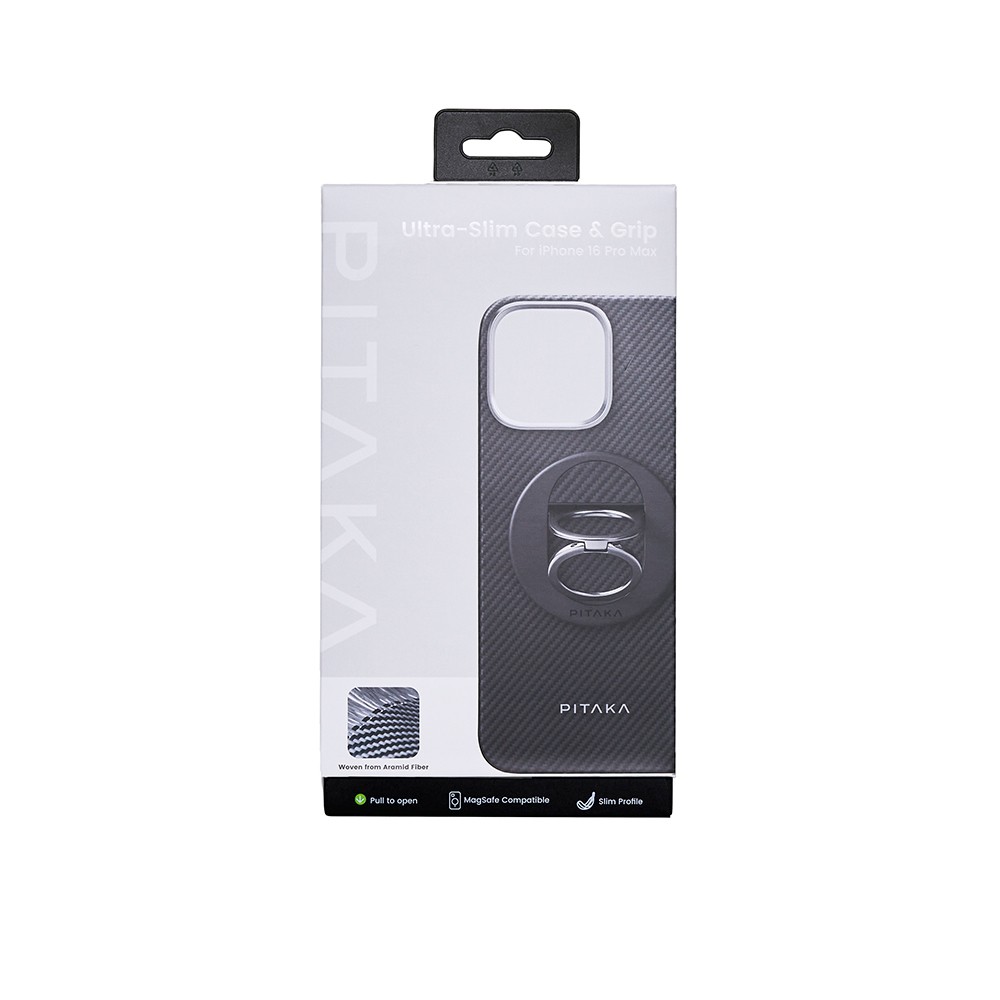 Apple iPhone 16 Pro Max Kılıf M-safe Şarj Özellikli Grip 3 Standlı 600D Aramid Fiber Pitaka Ultra-Slim Classic Serisi Black-Grey Twill Kapak